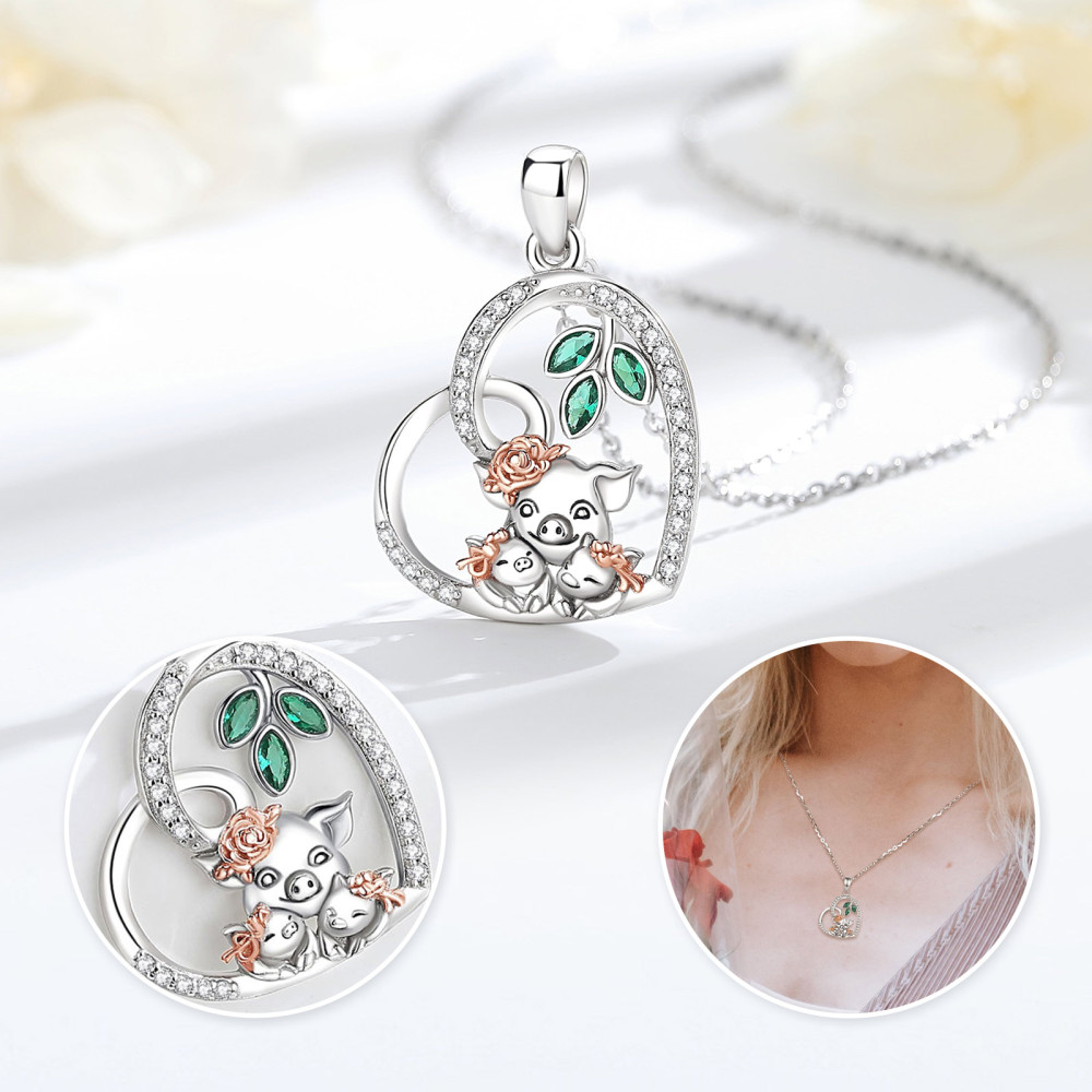 925 Sterling Silver Mother Pig & Piglets Heart Pendant Necklace
