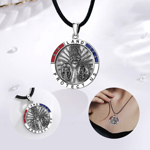925 Sterling Silver Military Faith Pendant WWII Protection Medal Necklace