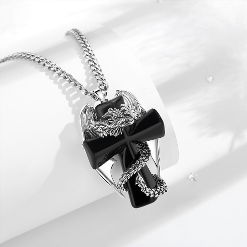 Silver-Plated Dragon Cross Pendant with Black Obsidian