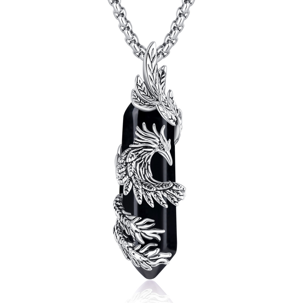 Silver Plated Hexagonal Black Obsidian Phoenix Pendant