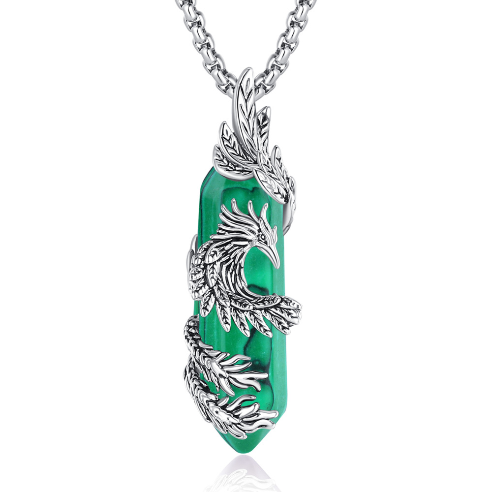 Hexagonal Malachite Phoenix Pendant Necklace