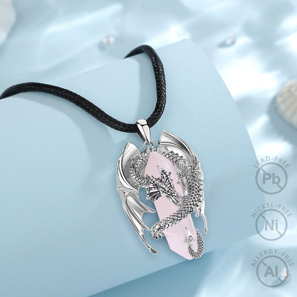 Silver-Plated Copper Pendant with Dragon and Hexagonal Rose Quartz