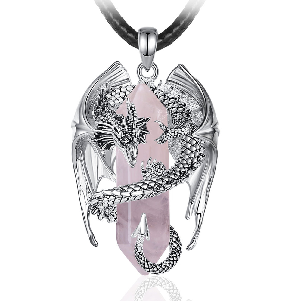 Silver-Plated Copper Pendant with Dragon and Hexagonal Rose Quartz