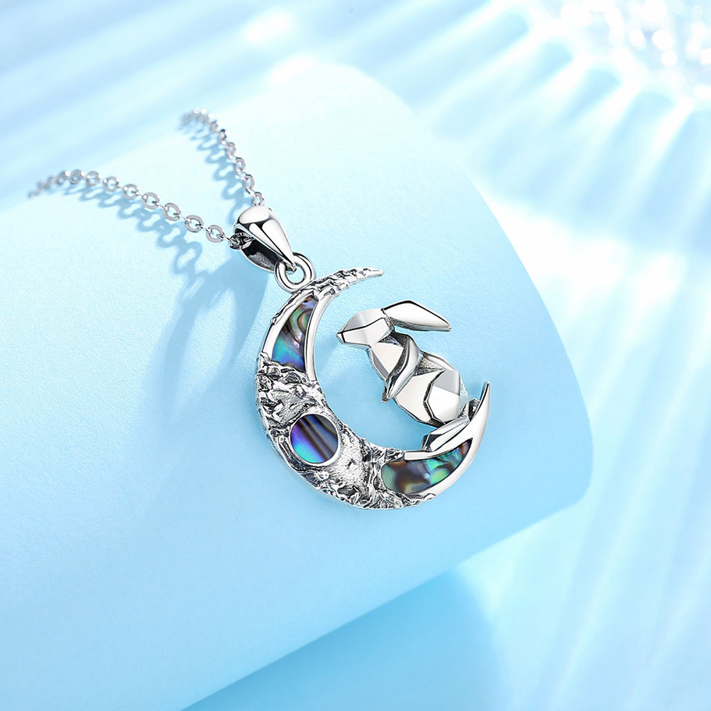 925 Sterling Silver Moon and Bunny Pendant Necklace with Abalone Shell