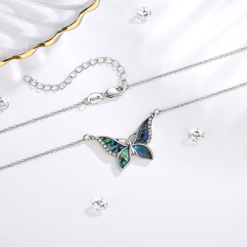 925 Sterling Silver Butterfly Necklace with Abalone Shell & Zircon