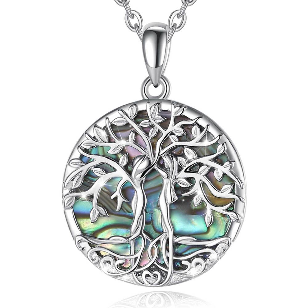 925 Sterling Silver Tree of Life Pendant Necklace with Abalone Shell