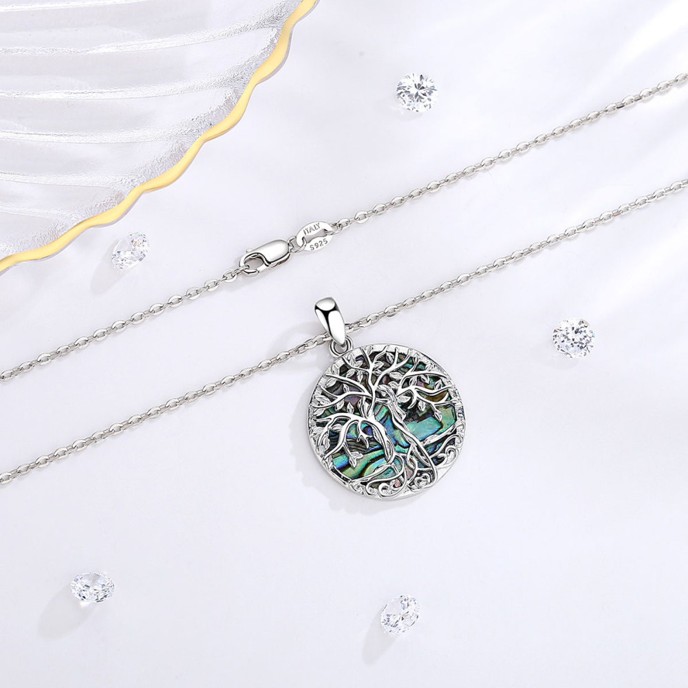 925 Sterling Silver Tree of Life Pendant Necklace with Abalone Shell