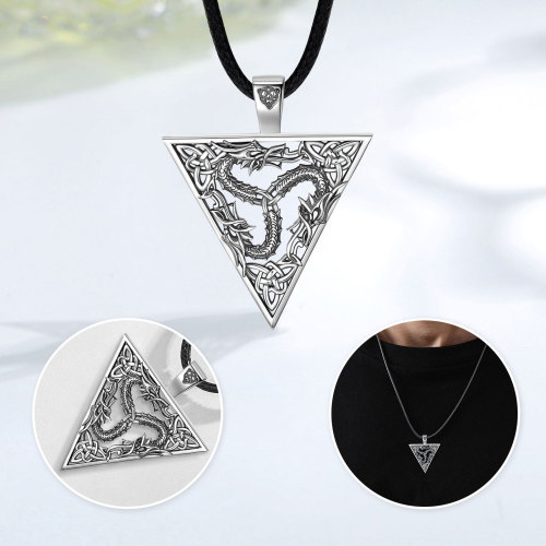 925 Sterling Silver Viking Dragon Pendant Celtic Knot Triangle Necklace