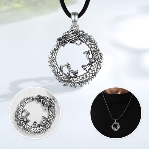 925 Sterling Silver Infinity & Eternal Cycle Ouroboros Dragon Pendant