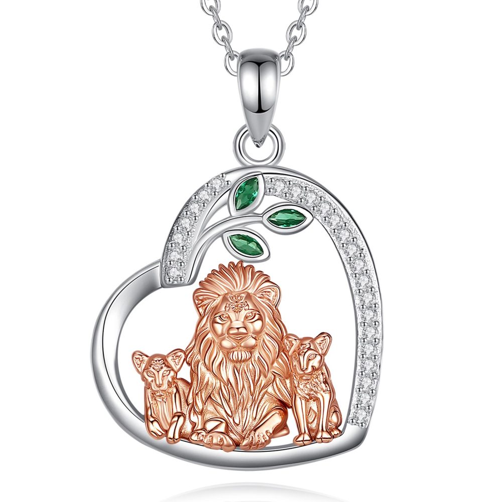 925 Sterling Silver Lion Family Pendant Heart Shaped Necklace