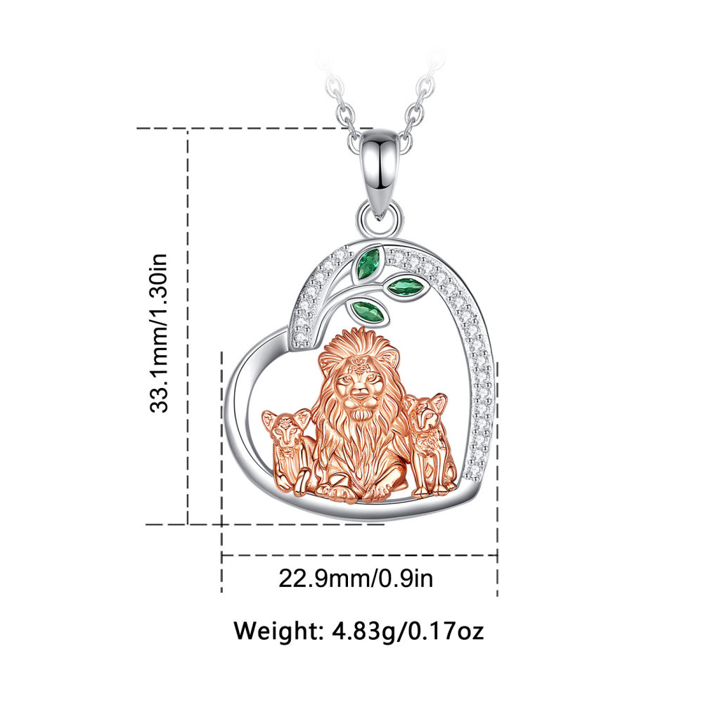 925 Sterling Silver Lion Family Pendant Heart Shaped Necklace