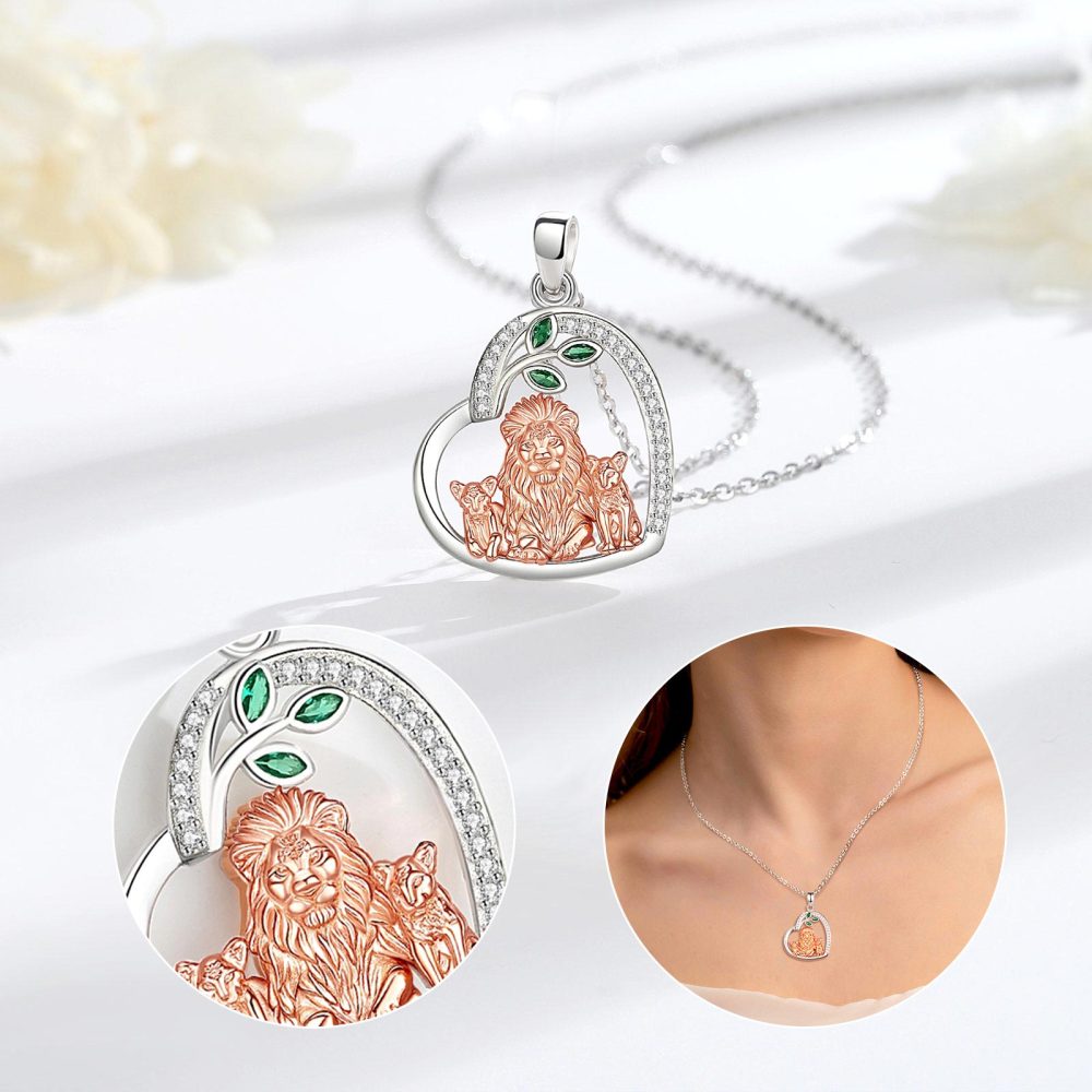 925 Sterling Silver Lion Family Pendant Heart Shaped Necklace