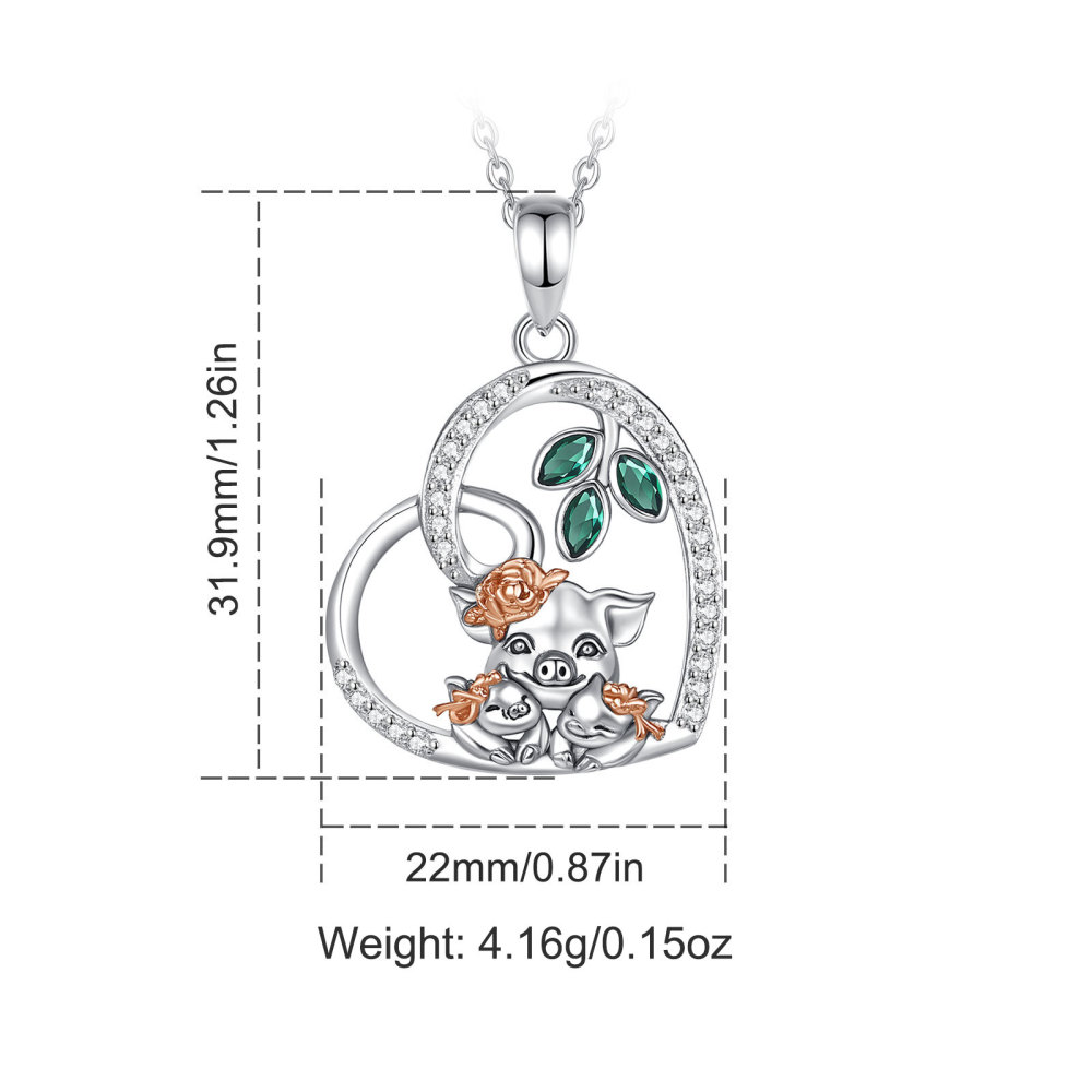 925 Sterling Silver Mother Pig & Piglets Heart Pendant Necklace
