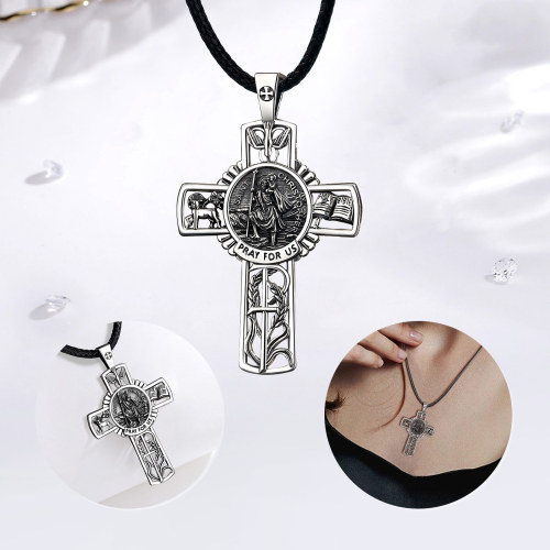 925 Sterling Silver St. Christopher Cross Pendant Protector Necklace