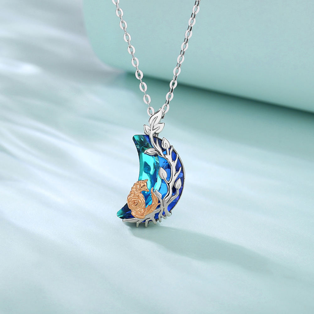 925 Sterling Silver Dreamy Fox Blue Crystal Moon Pendant Necklace