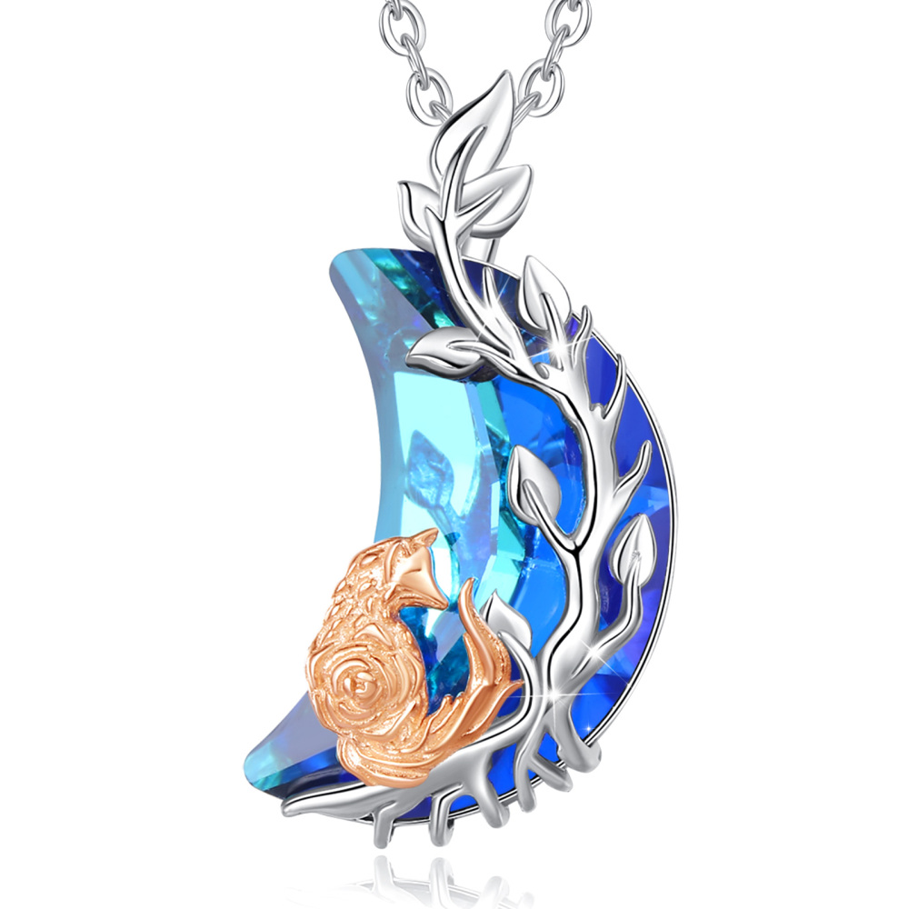925 Sterling Silver Dreamy Fox Blue Crystal Moon Pendant Necklace