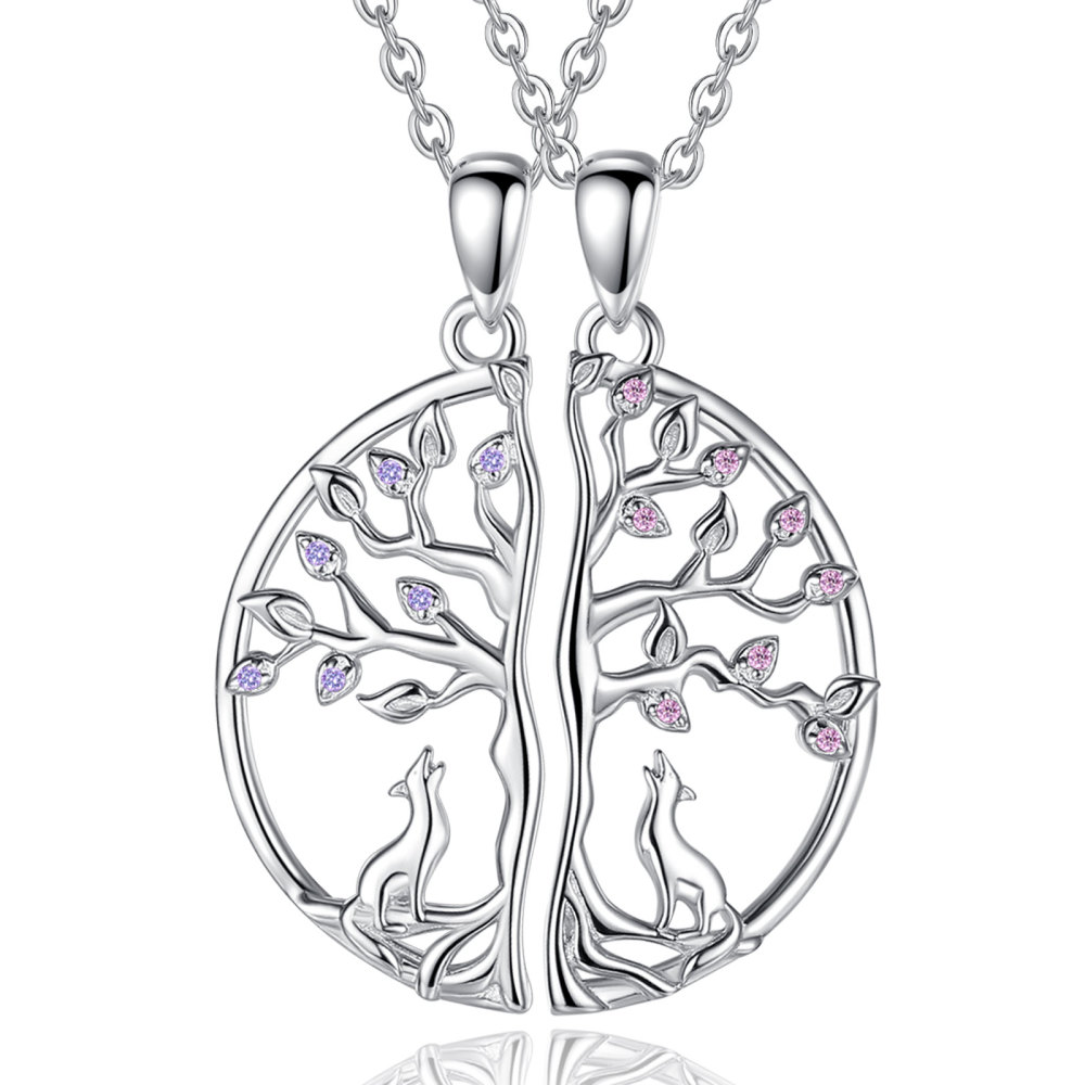 925 Sterling Silver Friendship Tree of Life Fox Design Pendant Necklace