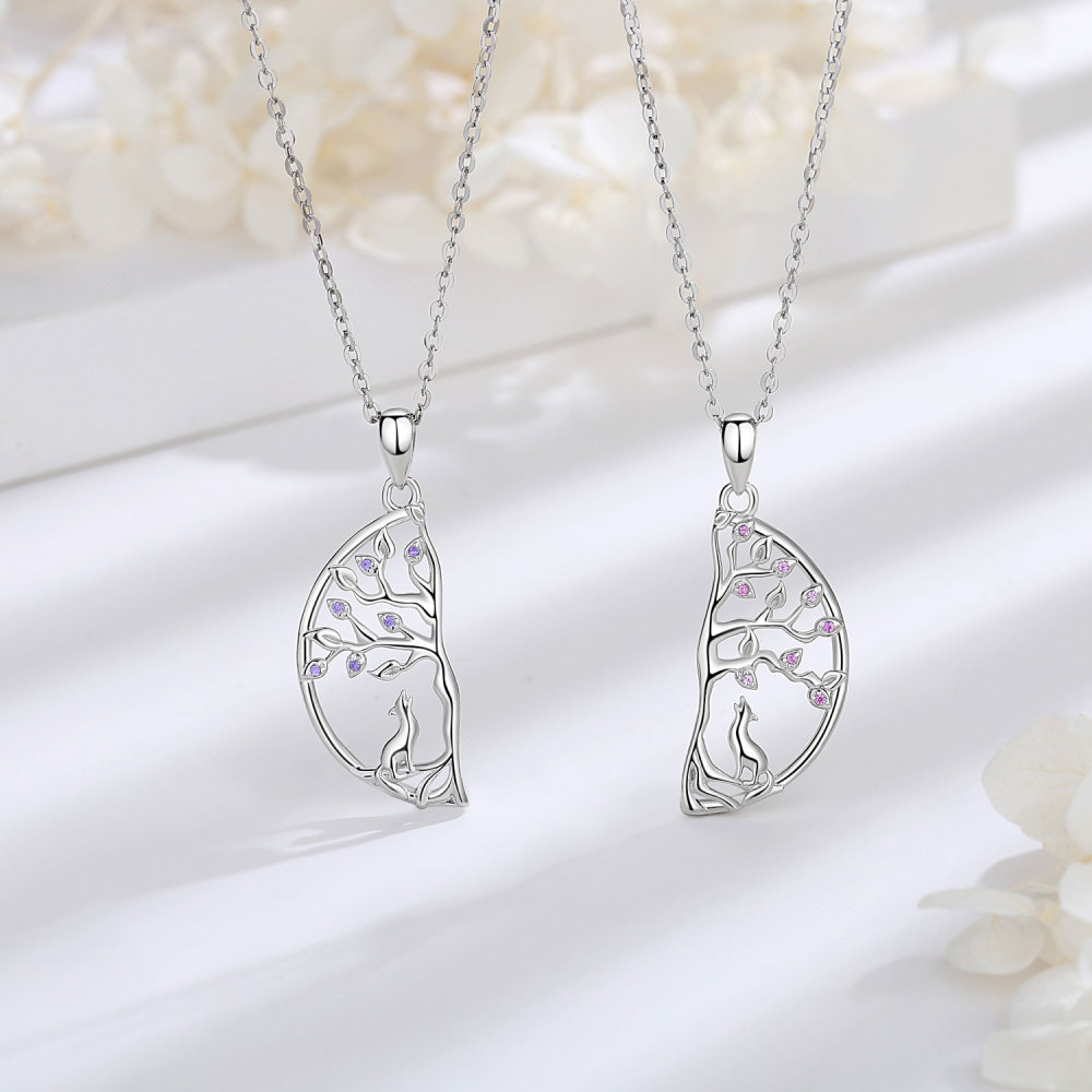 925 Sterling Silver Friendship Tree of Life Fox Design Pendant Necklace