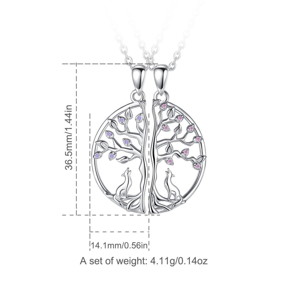 925 Sterling Silver Friendship Tree of Life Fox Design Pendant Necklace