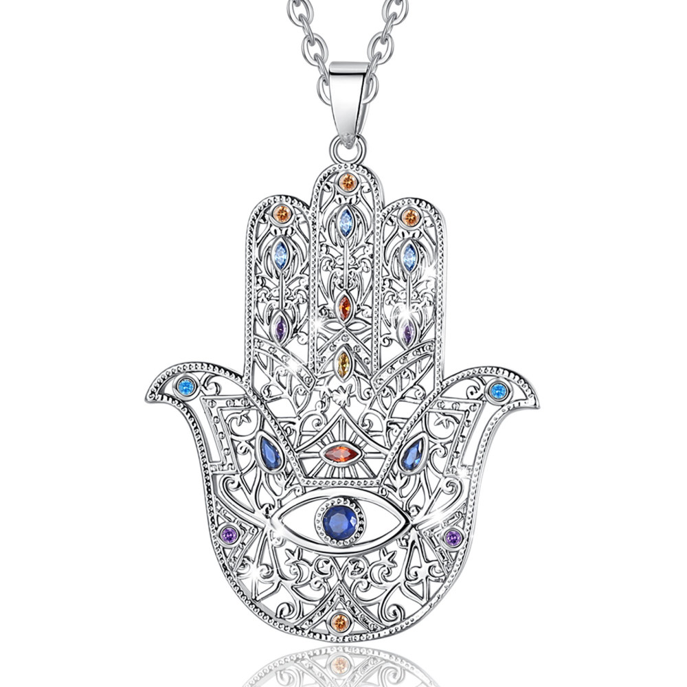 Rhodium-Plated Hamsa Hand Necklace with Evil Eye & Multicolor CZ