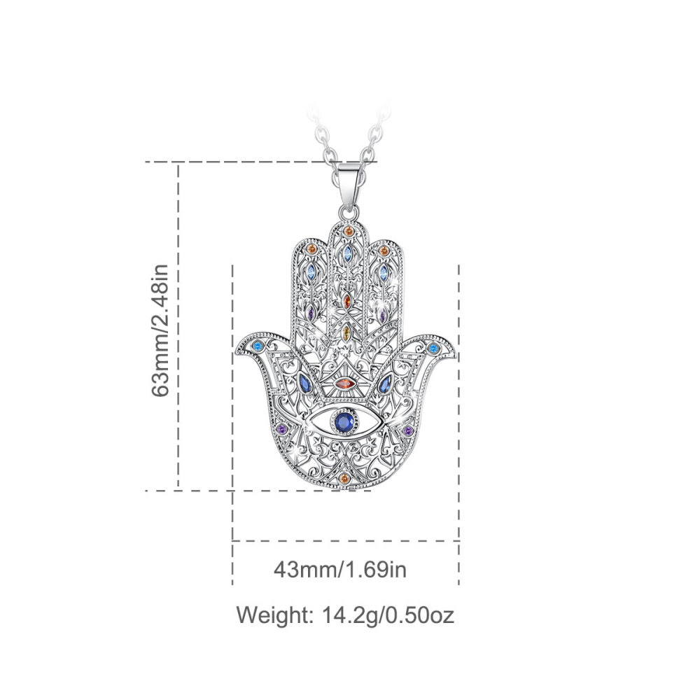 Rhodium-Plated Hamsa Hand Necklace with Evil Eye & Multicolor CZ