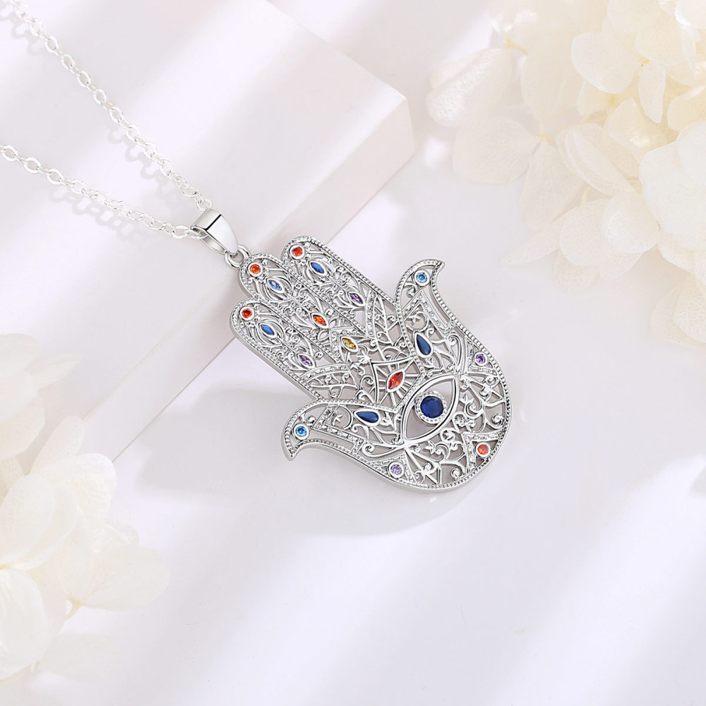 Rhodium-Plated Hamsa Hand Necklace with Evil Eye & Multicolor CZ