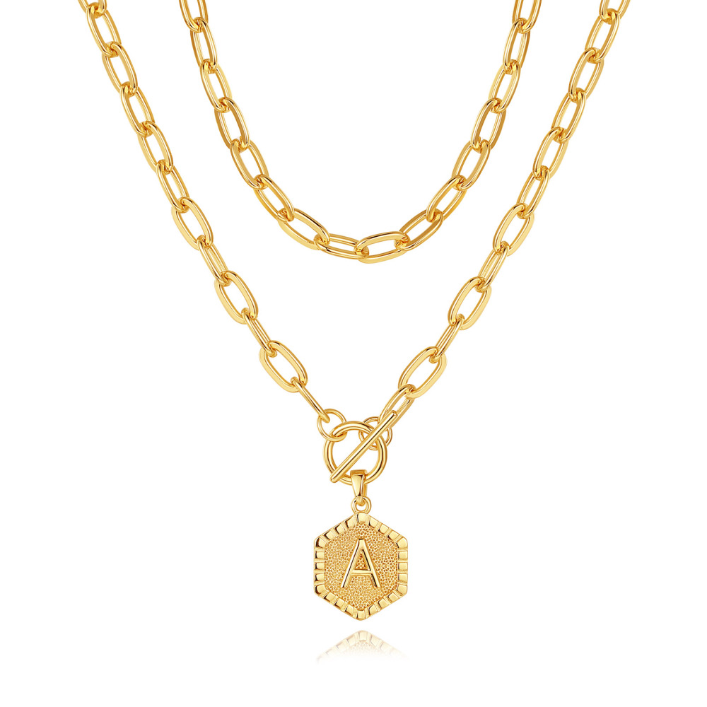 Gold-Plated Layered Chain Necklace with Hexagon Initial Pendant