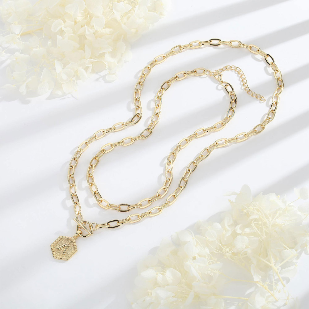 Gold-Plated Layered Chain Necklace with Hexagon Initial Pendant