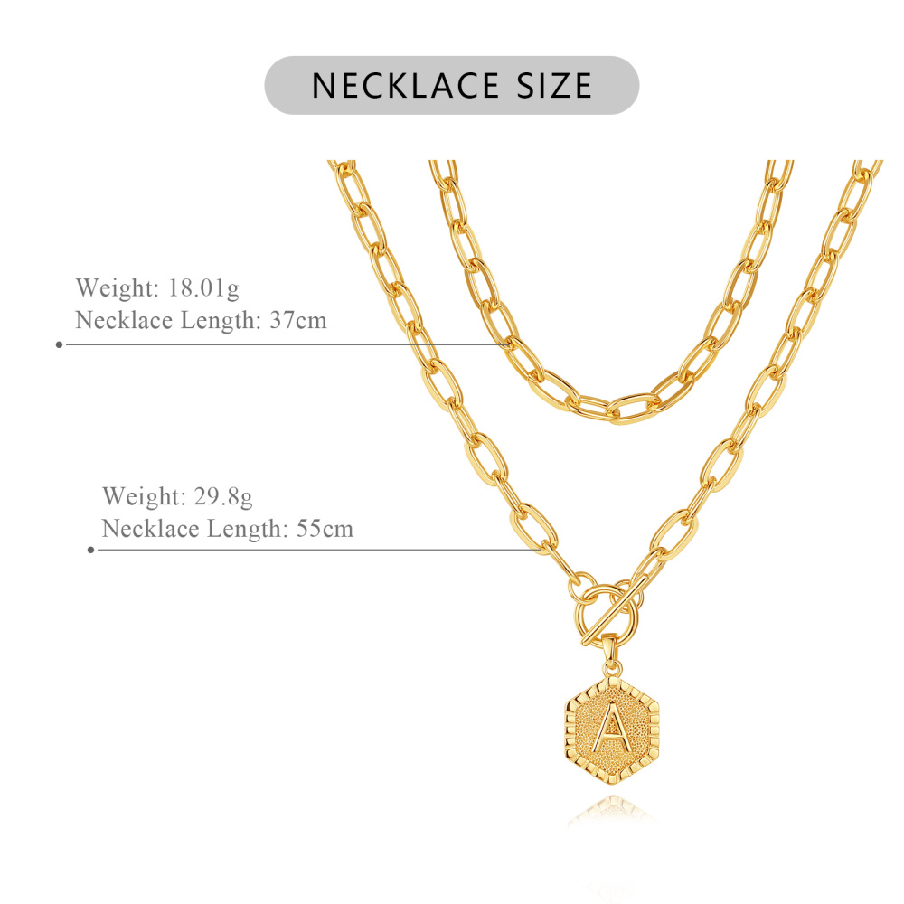 Gold-Plated Layered Chain Necklace with Hexagon Initial Pendant