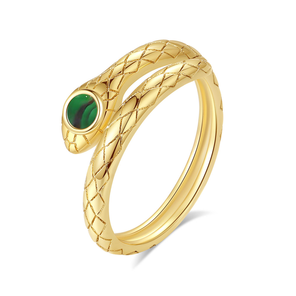 Gold-Plated Snake Adjustable Ring with Malachite Gemstone