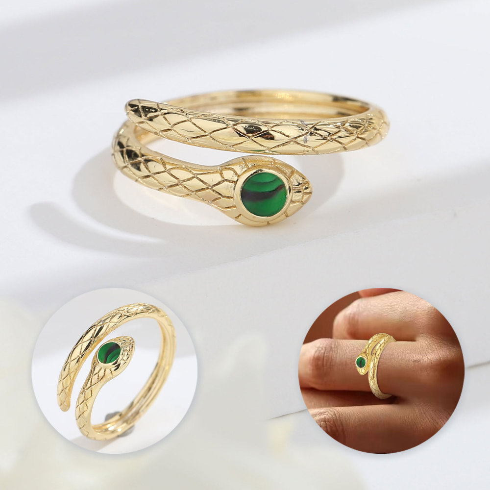 Gold-Plated Snake Adjustable Ring with Malachite Gemstone