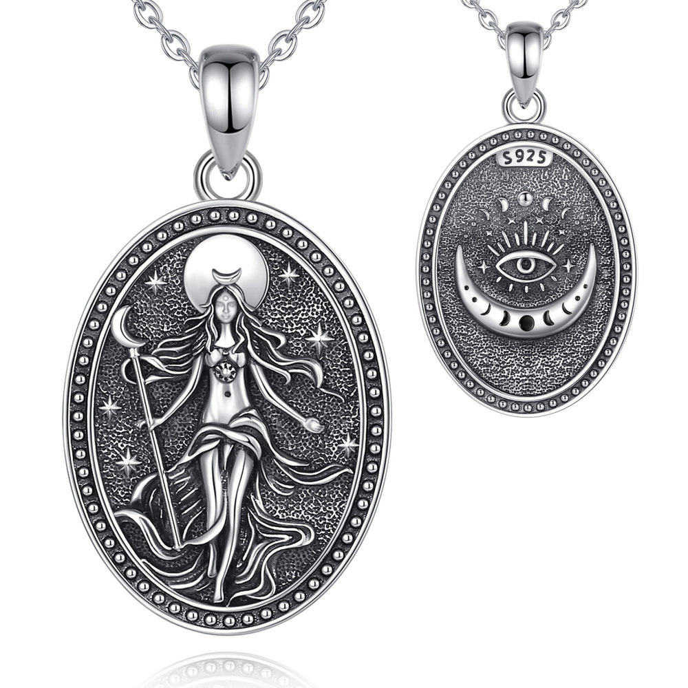925 Sterling Silver NYX Moon Goddess Oval Pendant Necklace