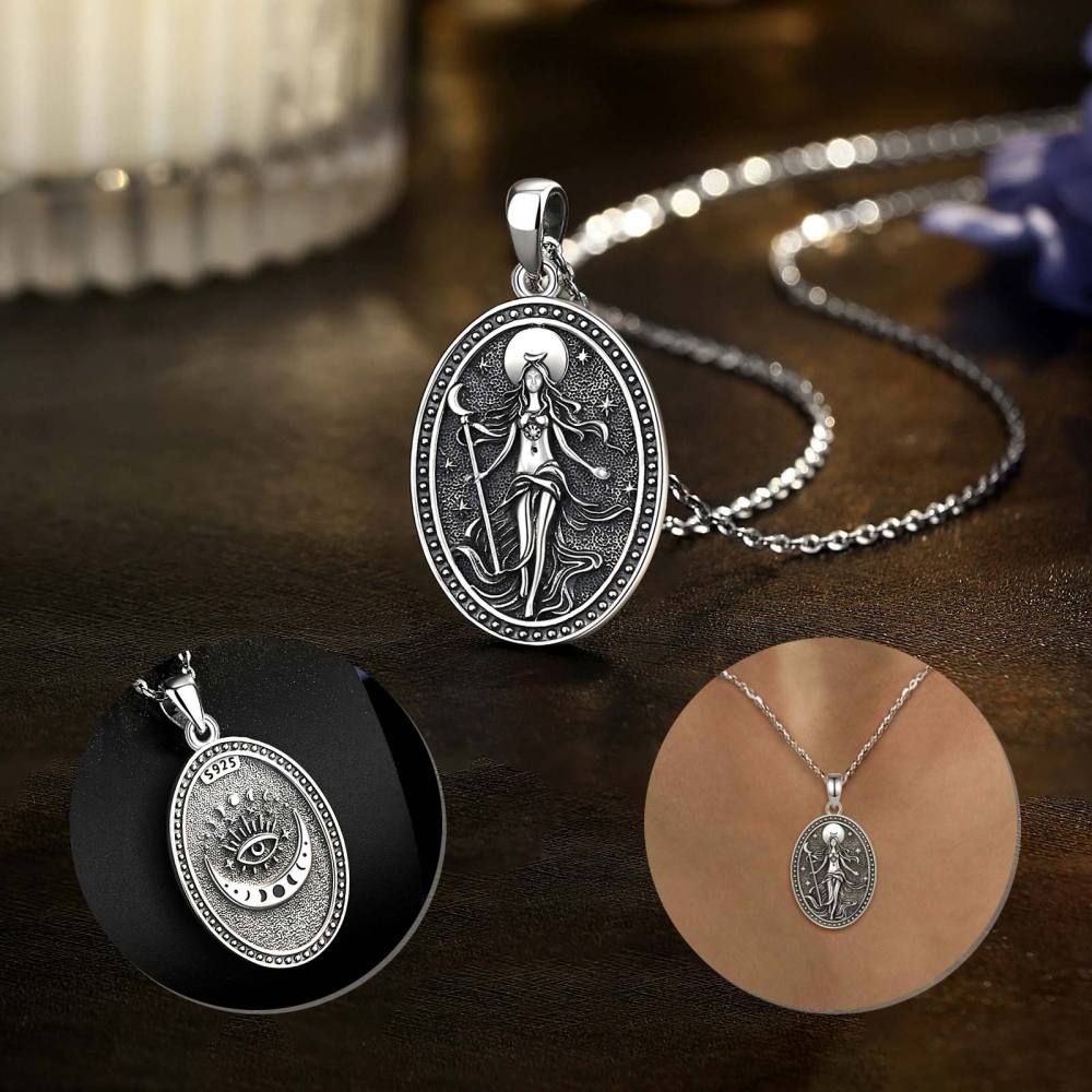 925 Sterling Silver NYX Moon Goddess Oval Pendant Necklace
