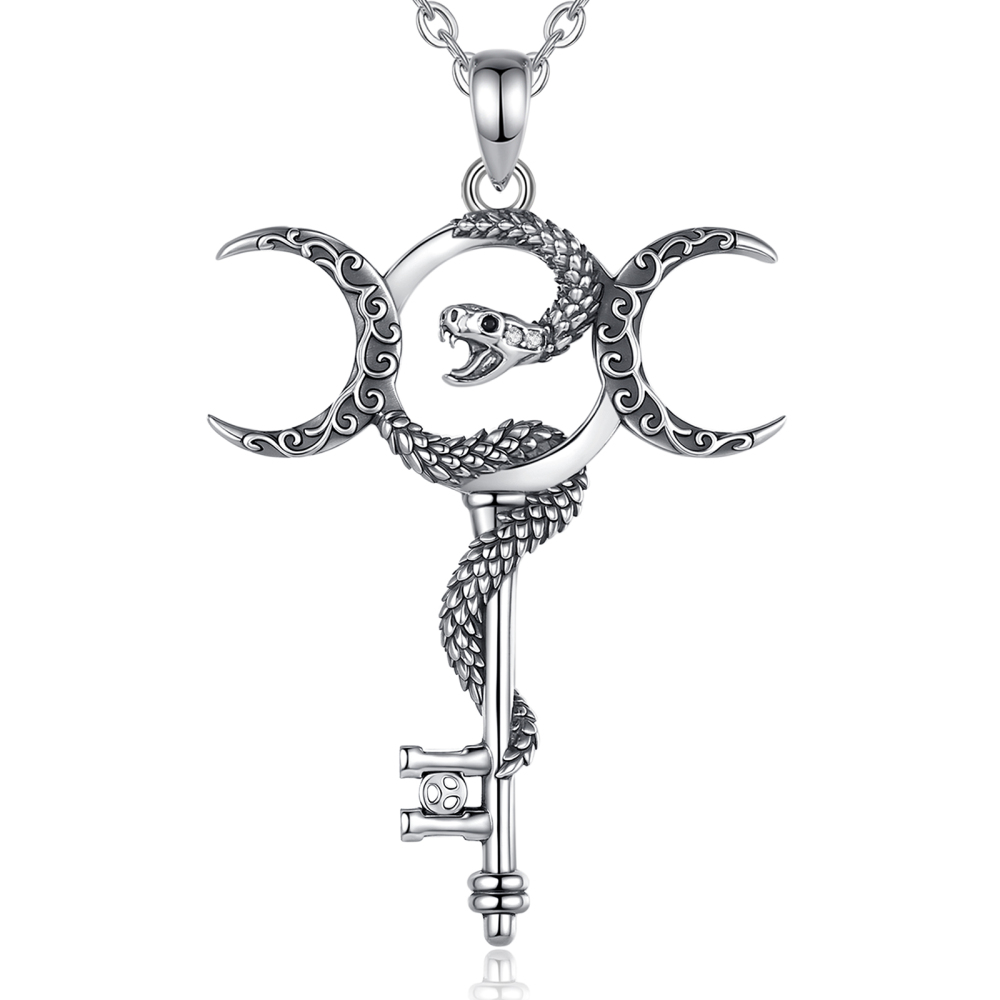 925 Sterling Silver Hecate Key Pendant with Triple Moon & Snake