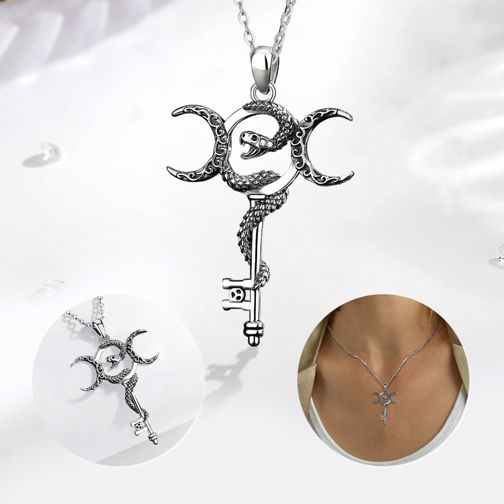 925 Sterling Silver Hecate Key Pendant with Triple Moon & Snake