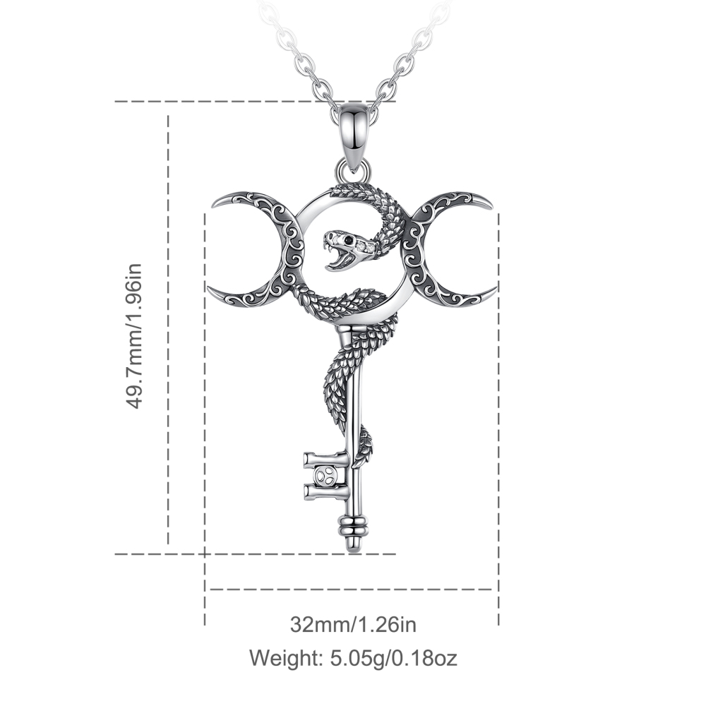 925 Sterling Silver Hecate Key Pendant with Triple Moon & Snake