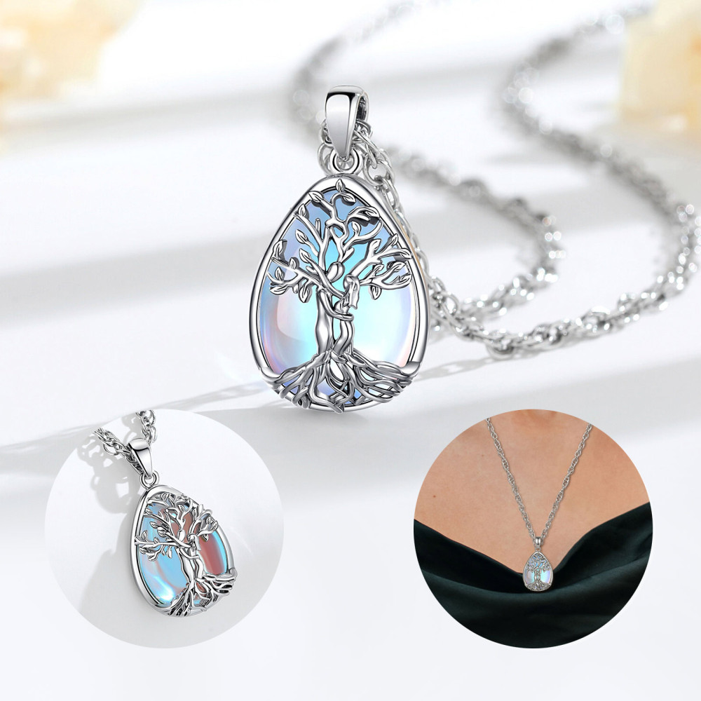 Rhodium-Plated Copper Tree of Life Pendant with Moonstone