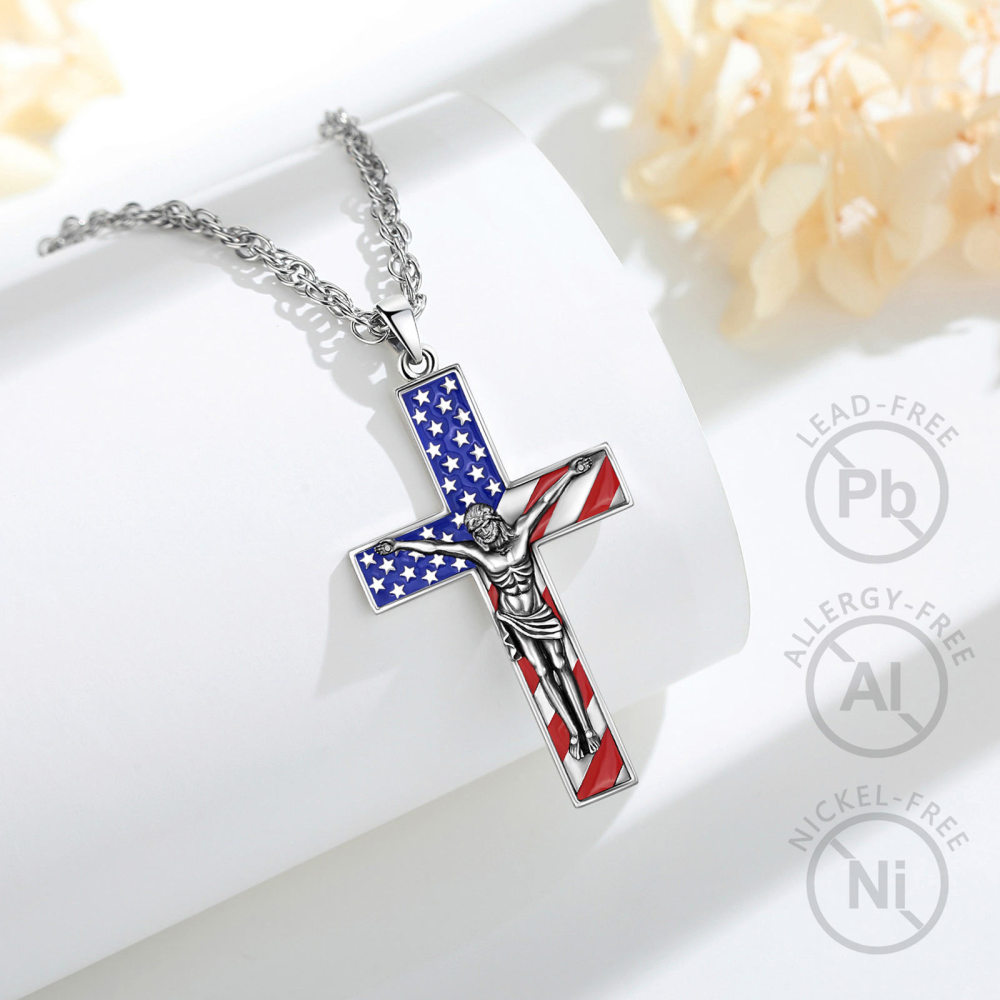 925 Sterling Silver Crucifix Cross Pendant with American Flag Design