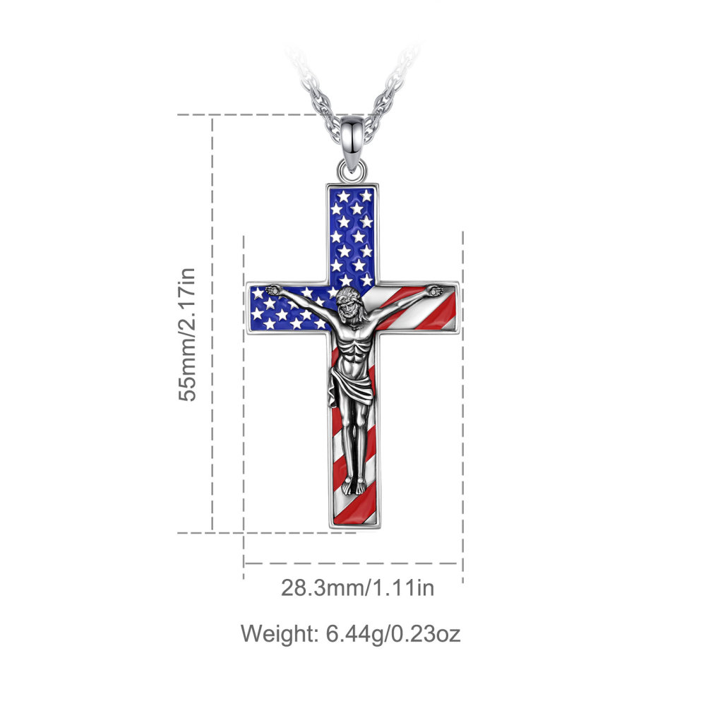 925 Sterling Silver Crucifix Cross Pendant with American Flag Design