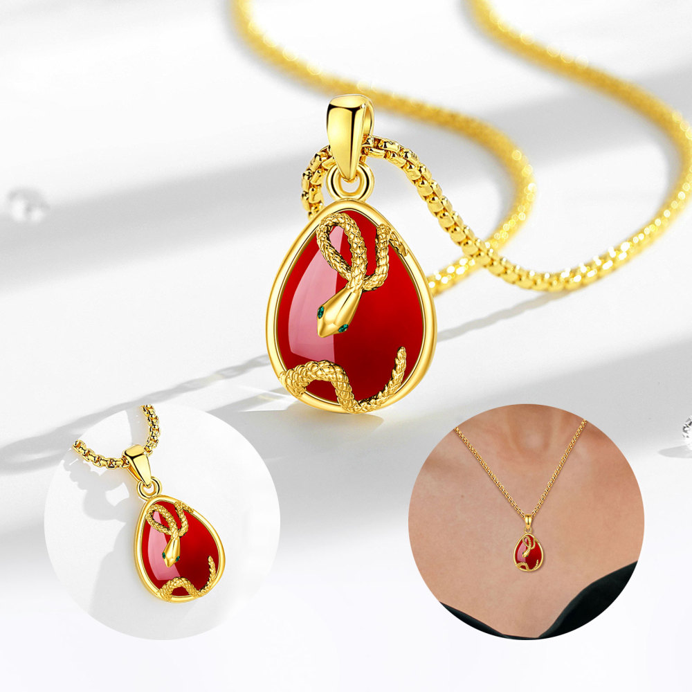 18K Gold-Plated Red Carnelian Snake Pendant Necklace