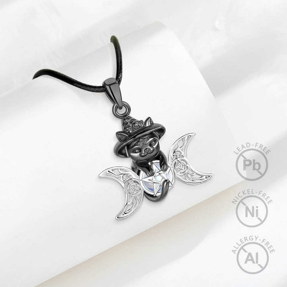 925 Sterling Silver Rhodium-Plated Black Cat Witch Pendant
