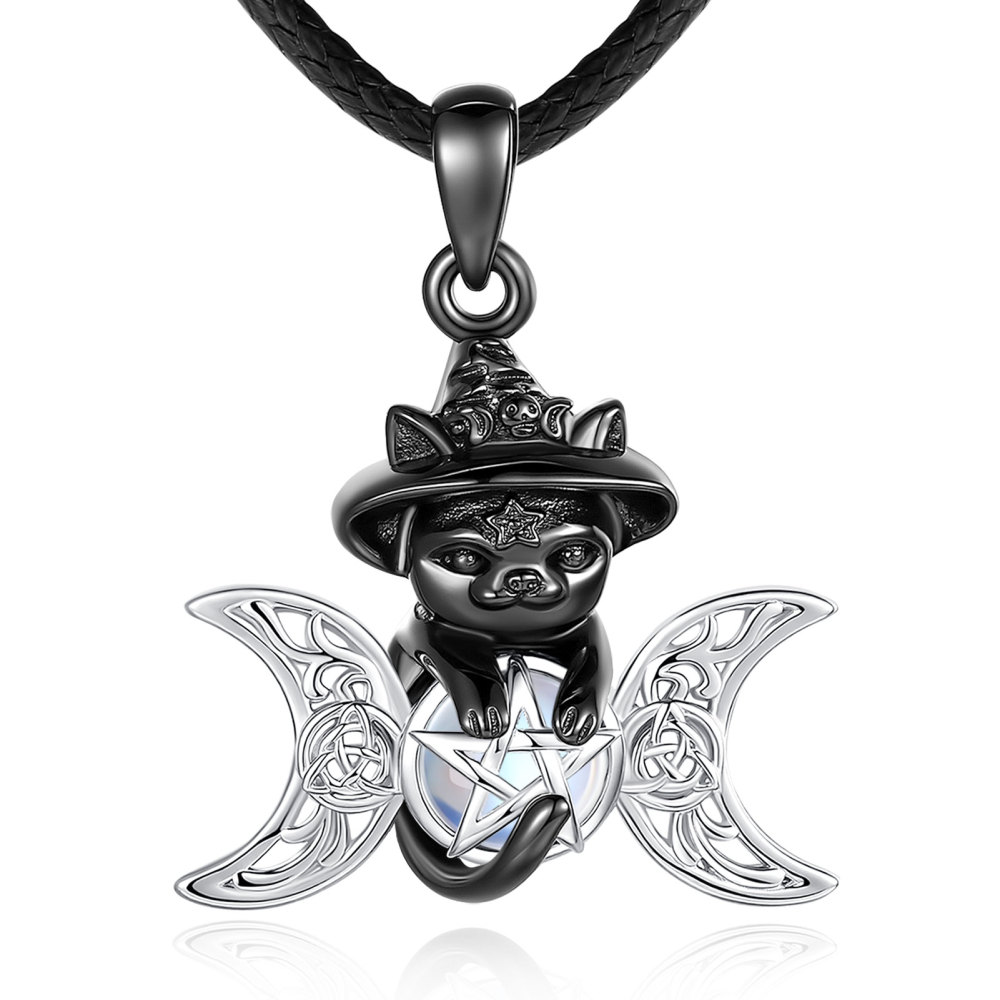925 Sterling Silver Rhodium-Plated Black Cat Witch Pendant