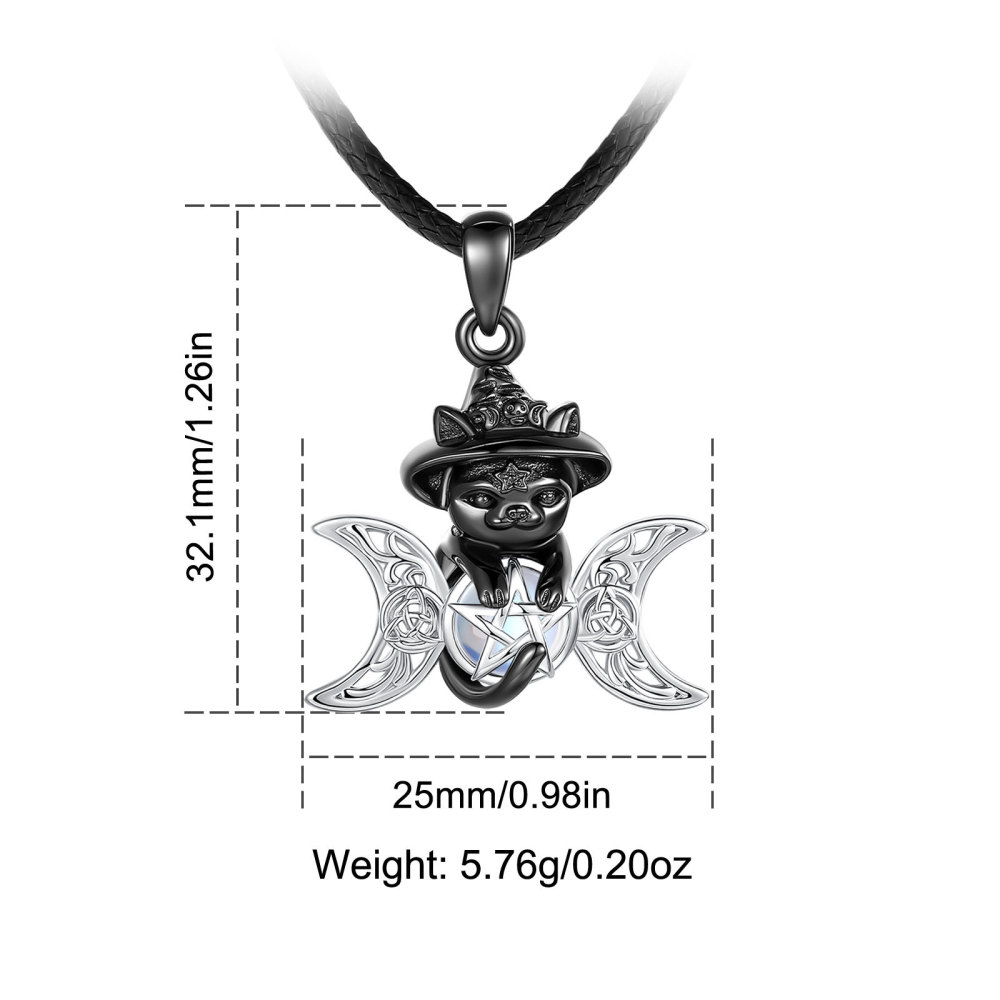 925 Sterling Silver Rhodium-Plated Black Cat Witch Pendant
