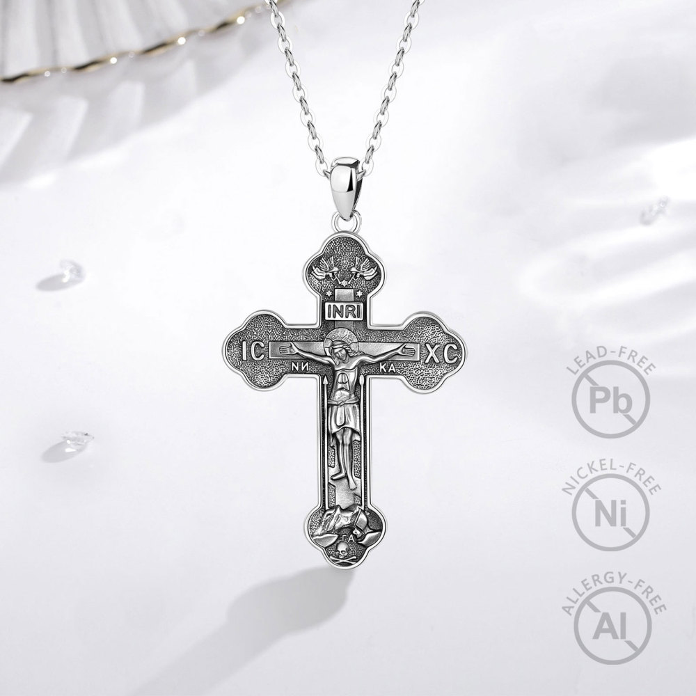925 Sterling Silver Vintage Oxidized IC XC INRI Symbol Orthodox Cross Pendant