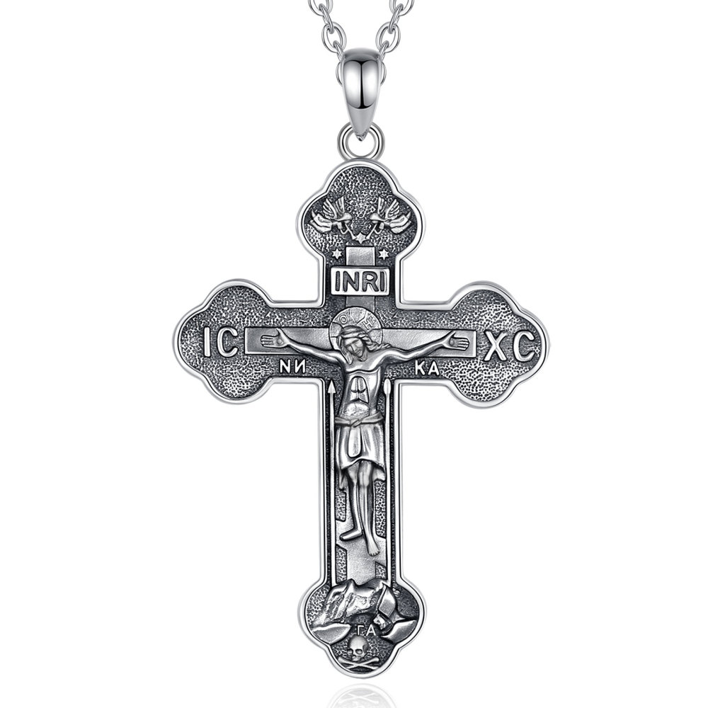 925 Sterling Silver Vintage Oxidized IC XC INRI Symbol Orthodox Cross Pendant