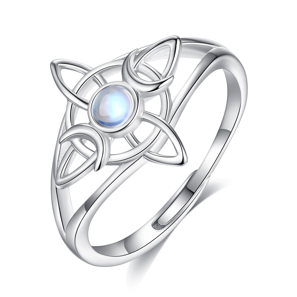 925 Sterling Silver Intricate Witches Knot Lunar Triple Moon Moonstone Ring