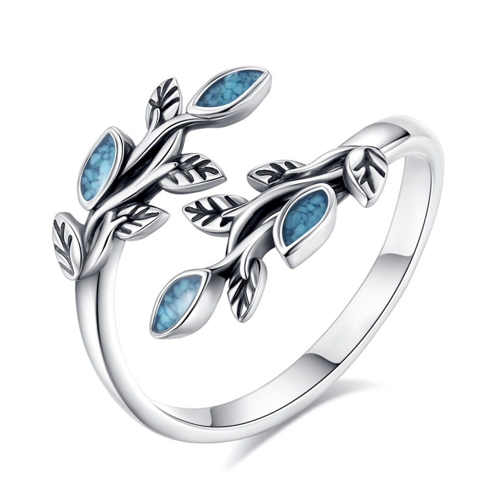 925 Sterling Silver Vintage Oxidized Leaf & Turquoise Branch Ring