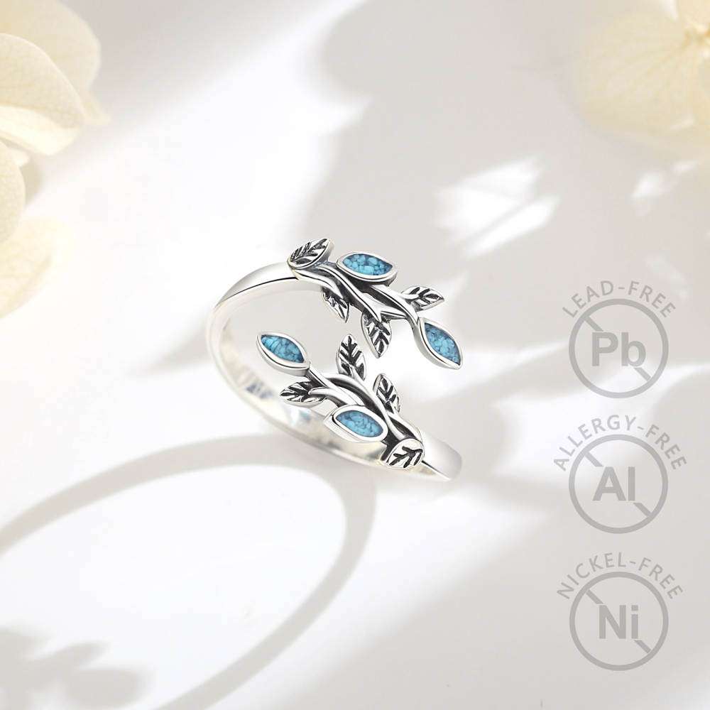 925 Sterling Silver Vintage Oxidized Leaf & Turquoise Branch Ring