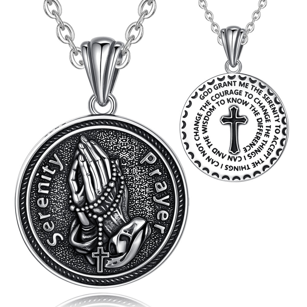 925 Sterling Silver Vintage Oxidized Praying Hand Serenity Prayer Pendant