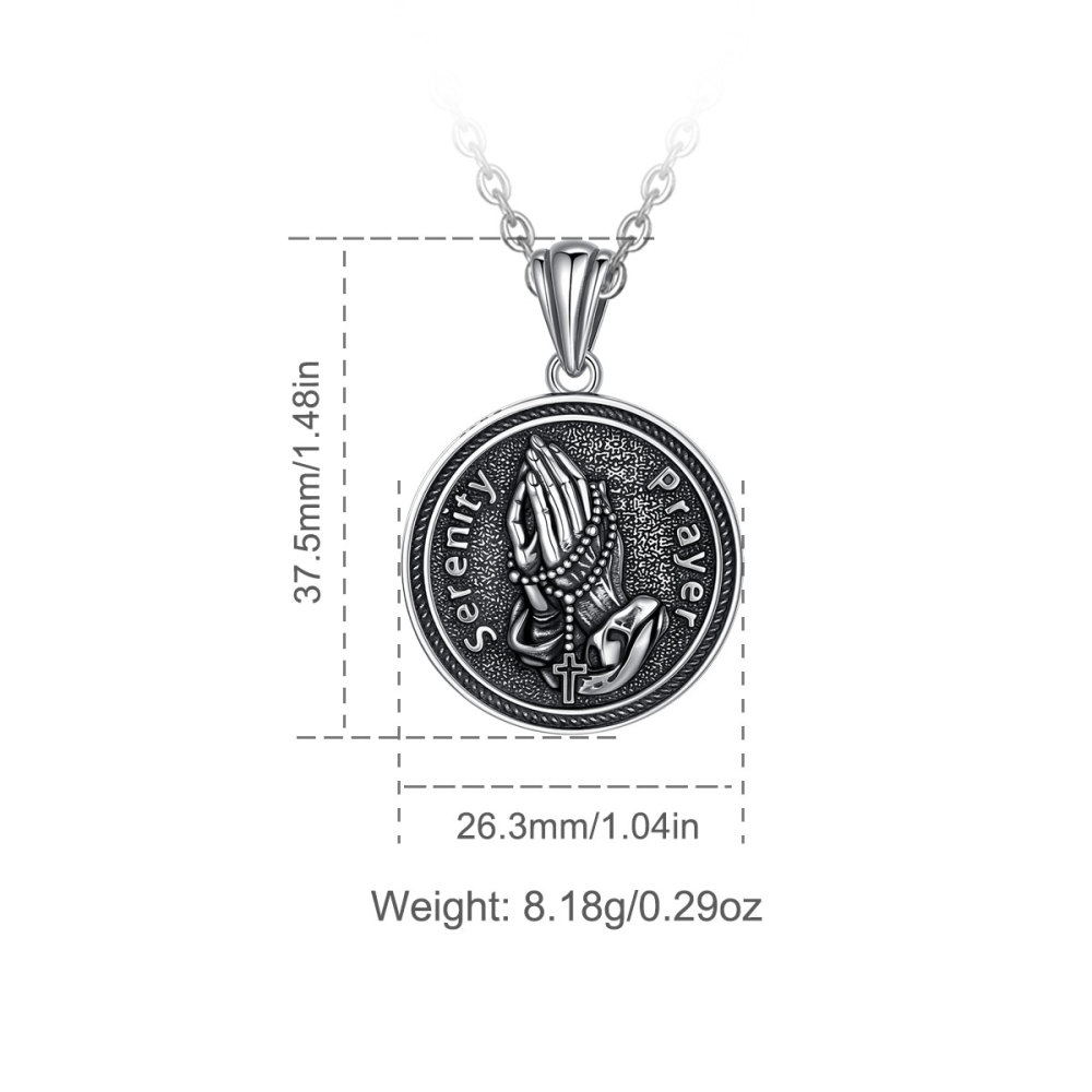 925 Sterling Silver Vintage Oxidized Praying Hand Serenity Prayer Pendant